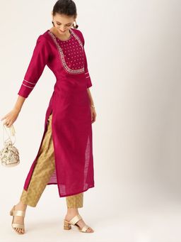 Varanga - Women Pink & White Embroidered Straight Kurta