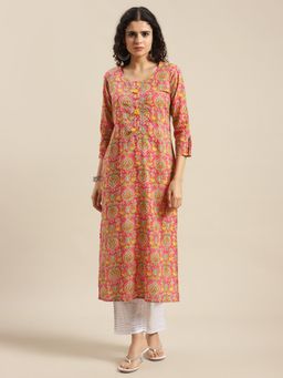 Varanga - Women Pink And Yellow Floral Printed Straight Kurta