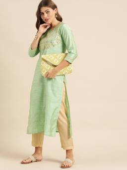Varanga - Women Sea Green Floral Embroidered Kurta (2XL)