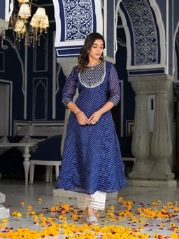 Varanga - Women Blue Lehariya Printed Anarkali Embroidered Kurta