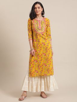 Varanga - Yellow Floral Printed Kurta With Round Neck And Having Gota Work On Yoke