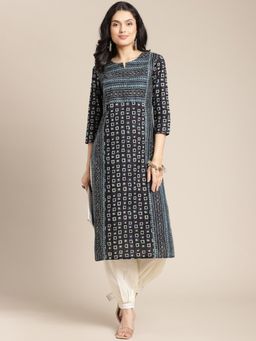 Varanga - Women Round Neck Navy Blue Geometric Printed Kurta With Princess Panel