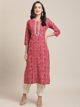 Varanga - Red And White Round Neckline Bandhani Printed Kurta With Embroidery