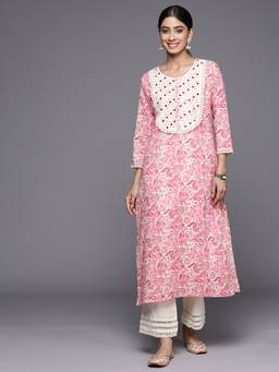 Varanga - Pink Floral Printed Mirror Work Yoke Kurta With Three Quarter Sleeves