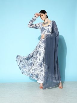 Varanga - Women White And Blue Floral Printed Anarkali Kurta With Dupatta (Set of 2)