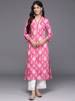 Varanga - Women Pink Three Fourth Sleeve V Neck Collared Kurta