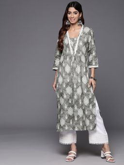 Varanga - Women Grey Printed V-Neck Lace Embellished Straight Kurta