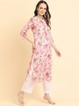 Varanga - Women Pink Floral Printed With Keyhole Neck And Straight Kurta
