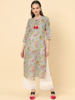 Varanga - Women Grey Floral Printed With Round Neck And Straight Kurta