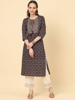 Varanga - Women Navy Blue Ajrak Printed Straight Kurta