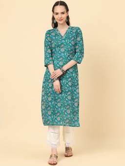 Varanga - Women Green Blue Floral Printed V-Neck Straight Kurta