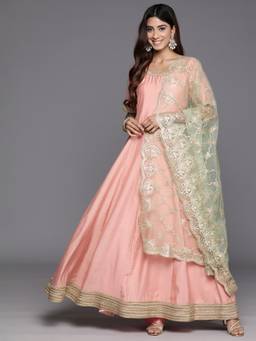 Varanga - Women Peach Round Neck Gotta Embellished Anarkali Kurta With Dupatta (Set of 2)