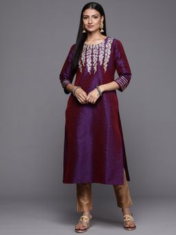 Varanga - Purple Embroidered Straight Kurta With Three Quarter Sleeves