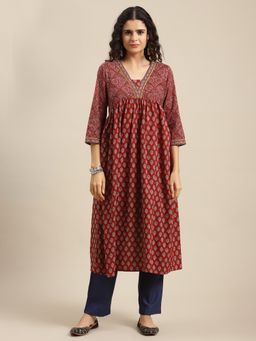Varanga - Women Red And Blue Bandez Printed Anarkali Kurta