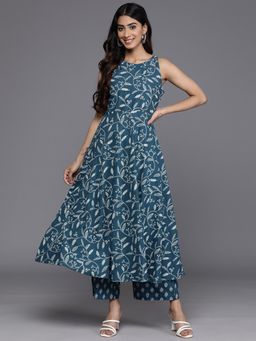 Varanga - Blue Floral Printed Anarkali Kurta Paired With Tonal Palazzo (Set of 2)