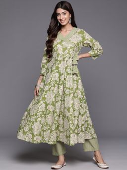 Varanga - Green Floral Printed Angrakha Style Anarkali Kurta Paired With Pant (Set of 2)
