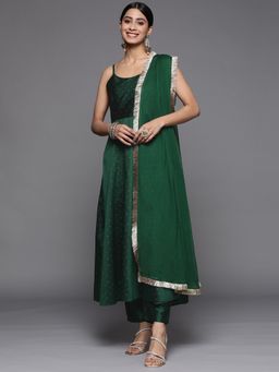 Varanga - Green Anarkali Spaghetti Strap Kurta With Tonal Pant & Dupatta (Set of 3)
