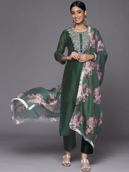 Varanga - Green Embroidered Kurta With Tonal Pant And Printed Dupatta (Set of 3)