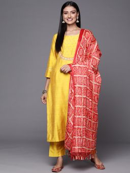 Varanga - Yoke Embroidered Straight Kurta With Straight Pant And Bandhani Dupatta (Set of 3)