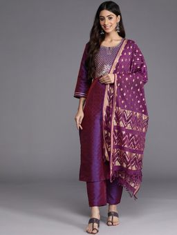 Varanga - Purple Embroidered Kurta Paired With Tonal Pant And Dupatta (Set of 3)