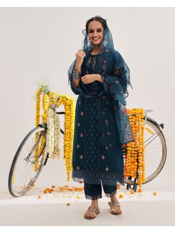 Varanga - Teal Embroidered Kurta Paired With Pant Tand Dupatta (Set of 3)