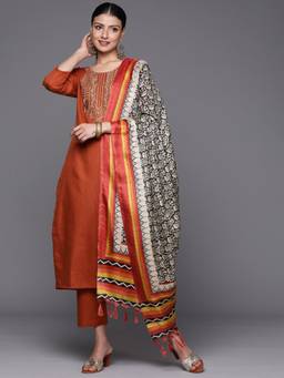 Varanga - Rust Embroidered Kurta With Tonal Pant And Contrast Printed Dupatta (Set of 3) (2XL)