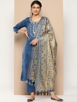 Varanga - Embroidered Yoke Kurta Paired With Tonal Pant And Printed Bhagalpur Dupatta (Set of 3)