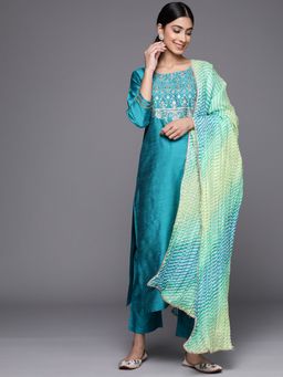 Varanga - Turquoise Blue Embroidered Kurta With Tonal Pant And Lehariya Dupatta (Set of 3)