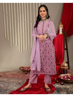 Varanga - Mauve Floral Printed Kurta Paired With Tonal Printed Pant And Dupatta (Set of 3)