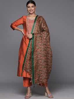 Varanga - Rust Embroidered Kurta Paired With Tonal Pant And Contrast Dupatta (Set of 3)