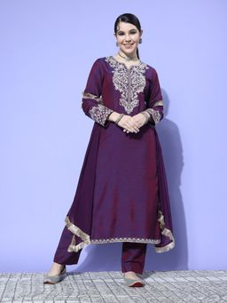 Varanga - Purple Embroidered Kurta With Tonal Pant And Dupatta With Fringes (Set of 3)