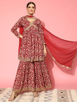Varanga - Pink Floral Printed Short Kurta Paired With Tonal Sharara And Dupatta (Set of 3)