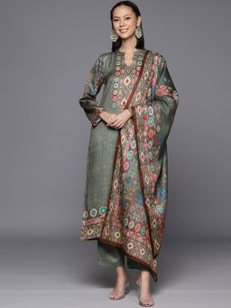Varanga - Women Winter Abstract Printed Wool Blend Straight Kurta Set with Dupatta