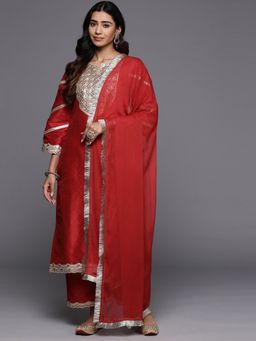 Varanga - Red Yoke Embroidered Kurta Paired With Tonal Pant And Dupatta (Set of 3)