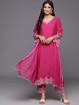 Varanga - Pink Thread Embroidered V-Neck Straight Kurta With Pant And Dupatta (Set of 3)