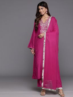 Varanga - Fuchsia Pink Embroidered Straight Kurta With Pant And Dupatta (Set of 3)