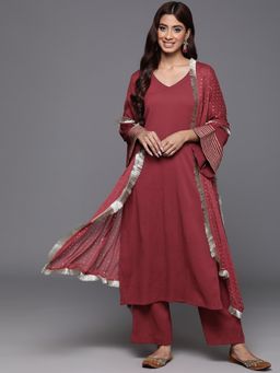 Varanga - Maroon V-Neck Embellished With Gota Kurta With Tonal Pant And Dupatta (Set of 3)