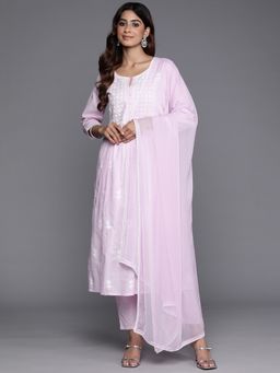 Varanga - Lavender Thread Embroidered Straight Kurta With Pant And Dupatta (Set of 3)