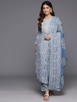 Varanga - Blue Abstract Printed Embroidered Kurta Paired With Pant And Dupatta (Set of 3)