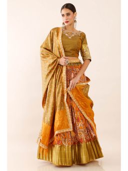 Soch - Women Mustard Silk Embroidered Ghagra Choli Dress Material (Set of 3)