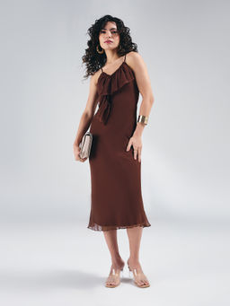 Twenty Dresses by Nykaa Fashion - Brown Floral Strappy Smocked Front Tiered Midi Dress