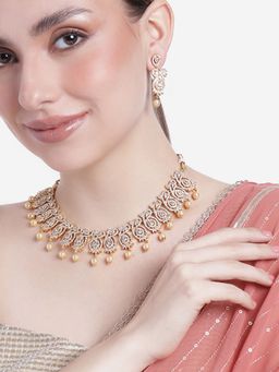 Estele - Gold Plated CZ Scintillation Designer Necklace Set with Pearls for Women