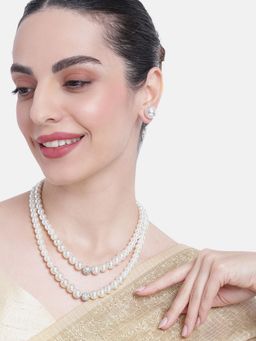 Estele - Rhodium Plated Glittering Double Line Pearl Necklace Set for Women