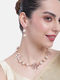 Estele - Rose Gold Plated Leaf Designer Necklace Set with Pearls for Women