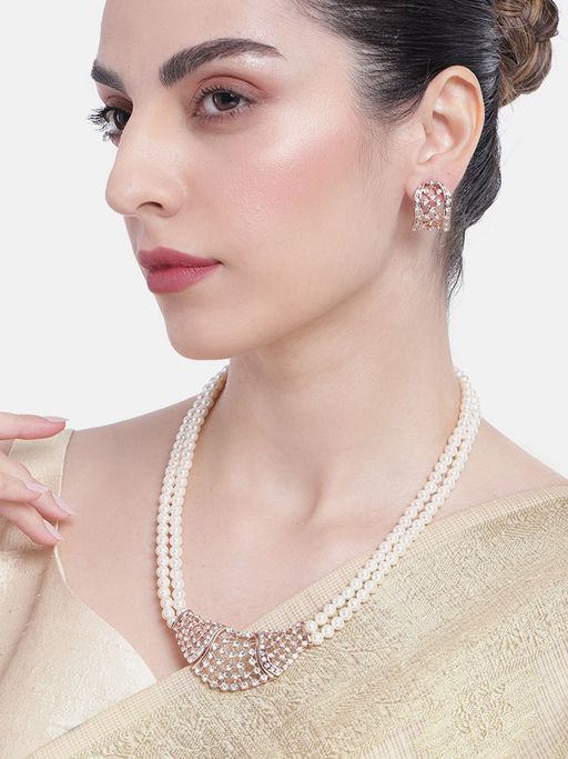 Estele Rose Gold Plated Flower Designer Necklace Set with Crystals for Women