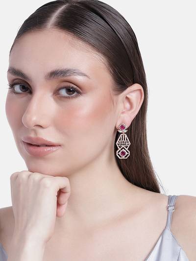 Rose Gold Plated CZ Geometric Designer Earrings with Ruby & White Stones for Women