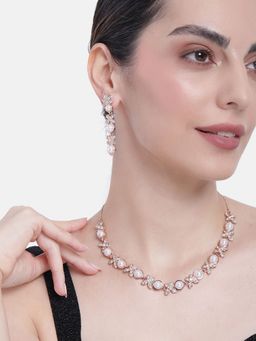 Estele - Rose Gold Plated Eye Catching Pearl Necklace Set with White Crystals for Women