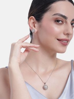 Estele - Rhodium Plated CZ Flower Designer Pendant Set with White Stones for Women