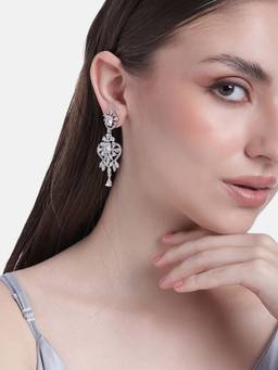 Estele - Rhodium Plated CZ Magnificent Designer Drop Earrings with White Stones for Women
