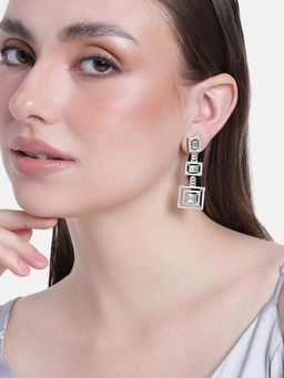 Estele - Rhodium Plated CZ Geometric Designer Drop Earrings with Mint Green For Girl & Women